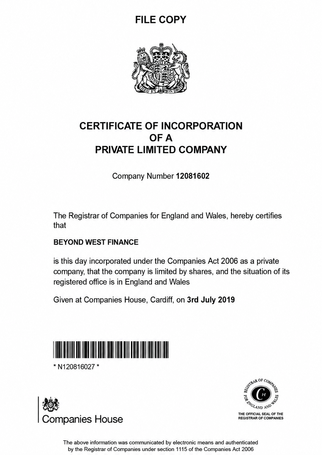Beyond West Finance Certificate of Incorporation